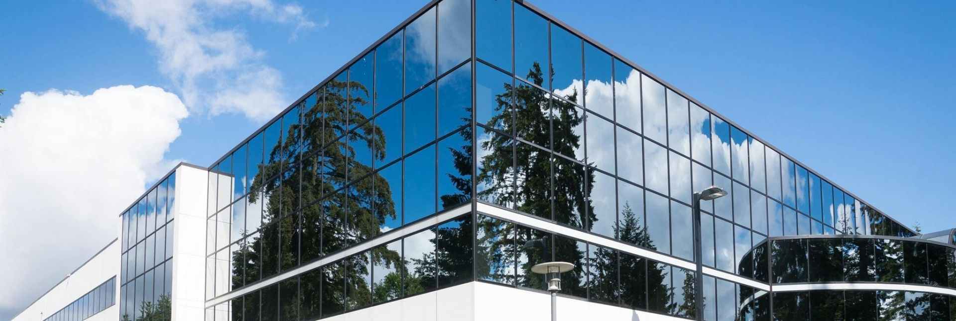 Contemporary office building in Redmond with reflective glass and lush greenery, captured on a sunny day.